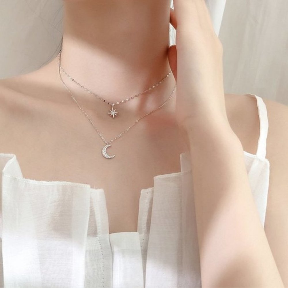925 Sterling Silver Diamond Moon Star Necklace K - Picture 2 of 7